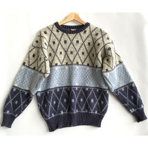 ALAFOSS ICEWOOL Vintage Fair Isle Wool Knit Sweater Blue/Gray Size M